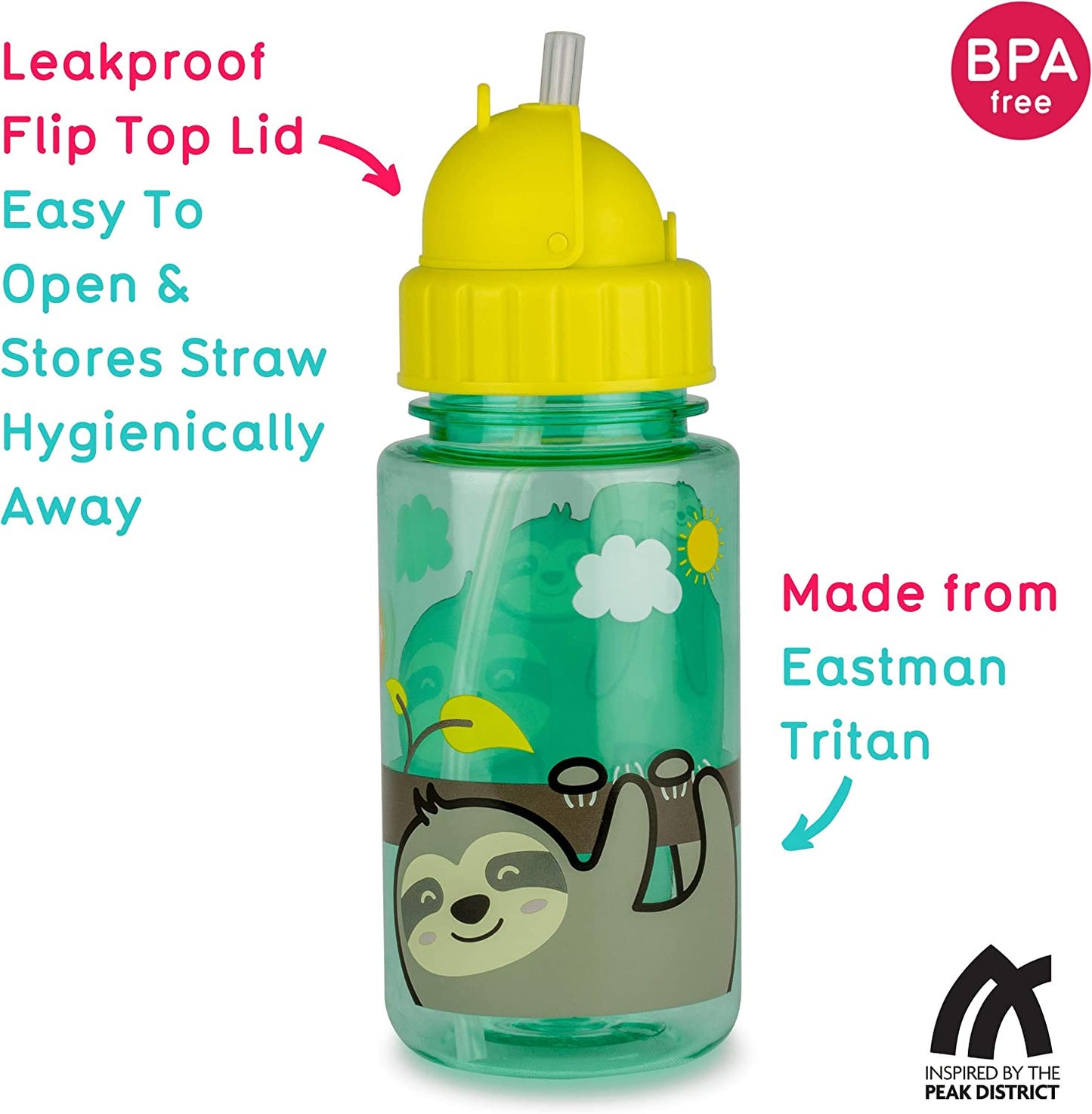 TUM TUM - Garrafa de água infantil flip top com canudo Stanley the Sloth