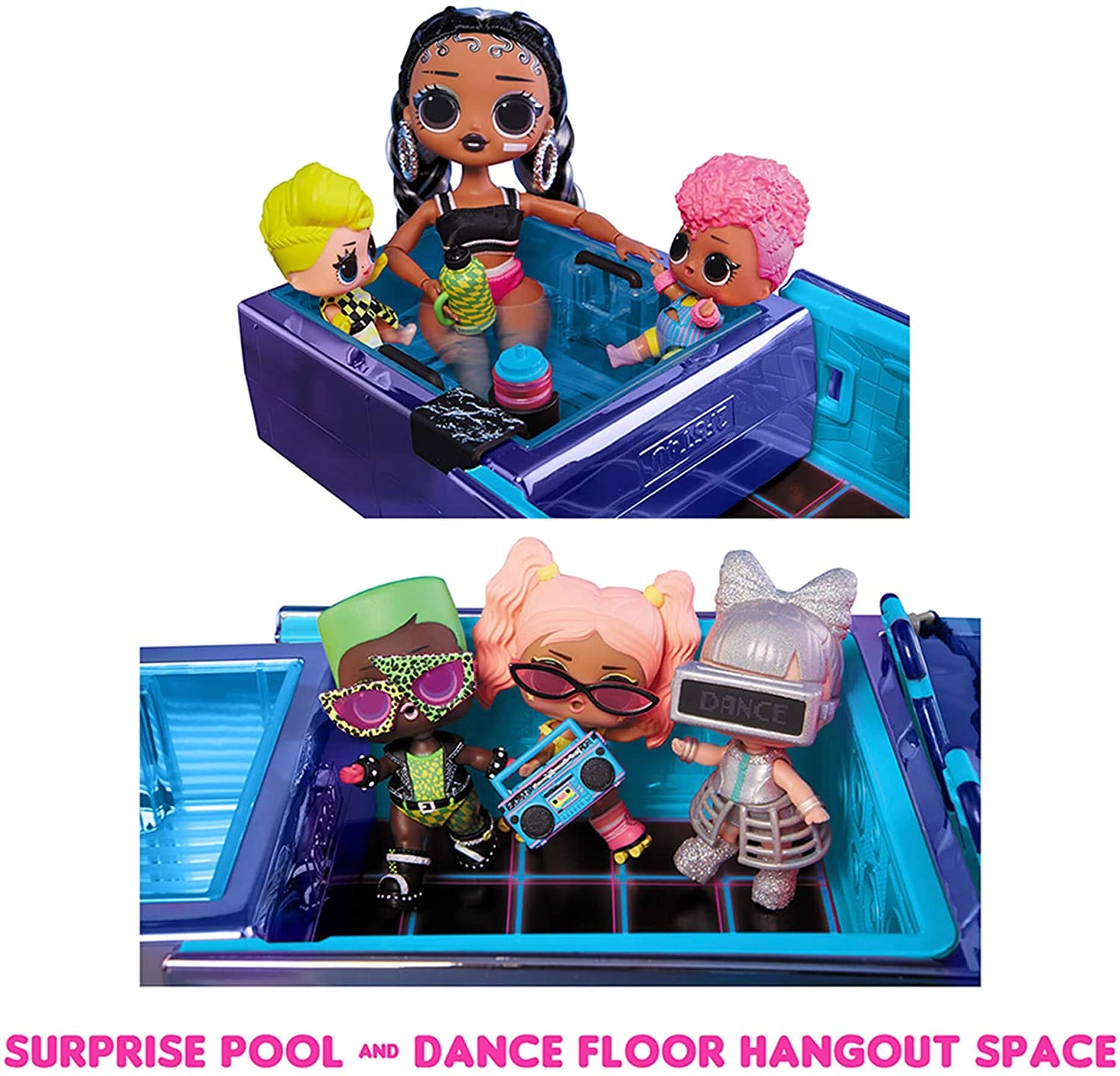 LOL Surprise Dance Machine Car con muñeca exclusiva, piscina sorpresa, pista de baile y luz negra mágica