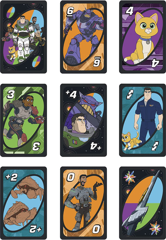 Disney Buzz LightYear UNO de cartas Jogo com baralho de patrulheiro espacial com tema de filme e regra especial, 7 anos ou mais