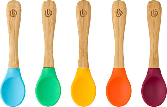Cucharas de destete para bebés de bambú de bambú - Cucharas de bambú con puntas de silicona curvadas suaves para niños y bebés | Puntas de silicona extraíbles | Utensilios ideales para el destete del bebé (juego de 5)