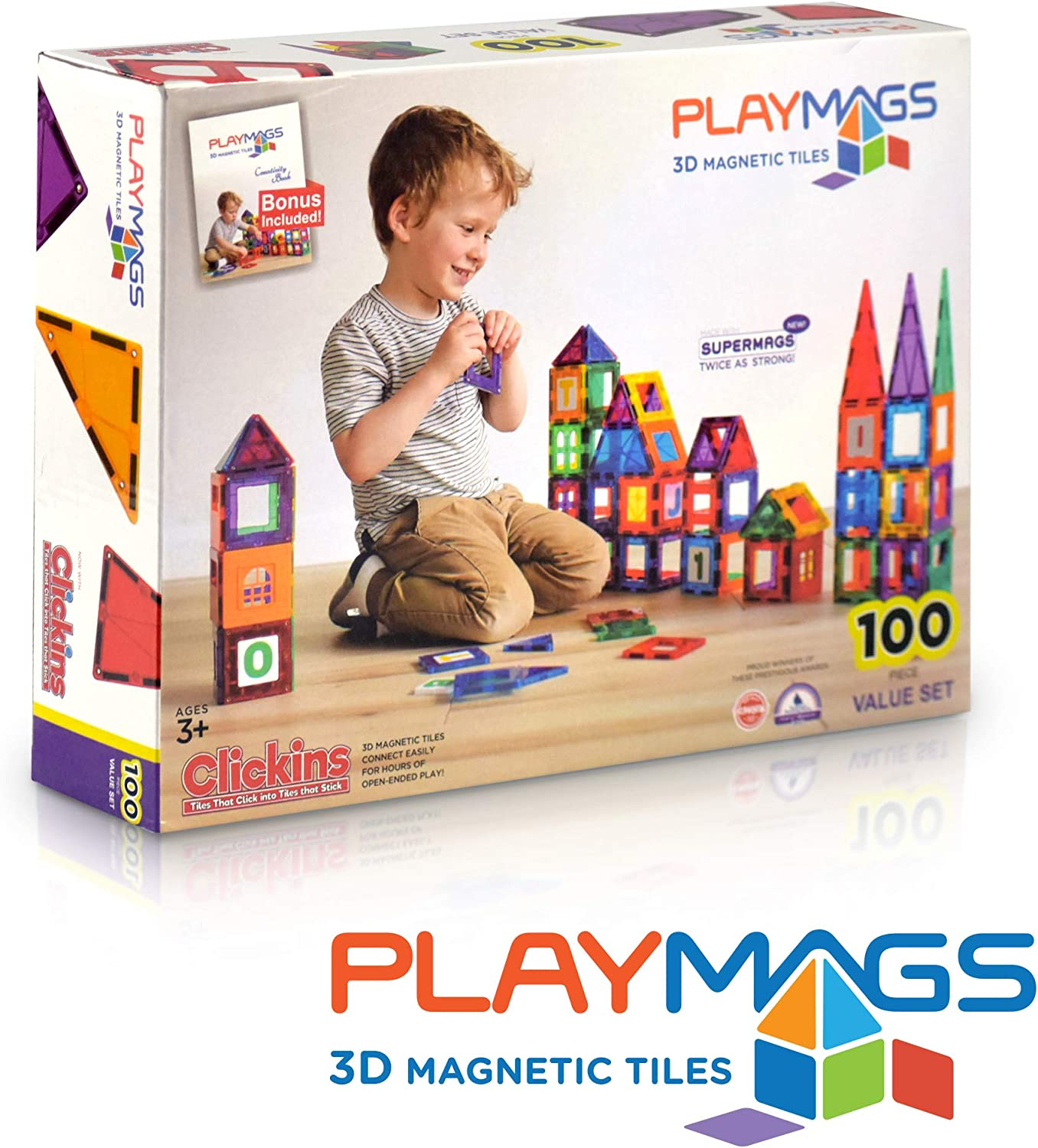 Playmags Juego de 100 bloques magnéticos 3D para niños Aprende forma