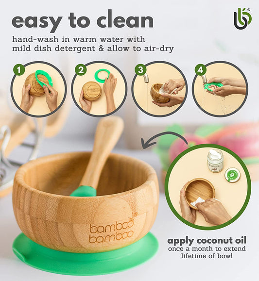 de bambú con ventosa para bebé, juego de cucharas de bambú con ventosa de silicona extraíble para niños | 350ml | No tóxico | Fresco al tacto | Ideal para bebés