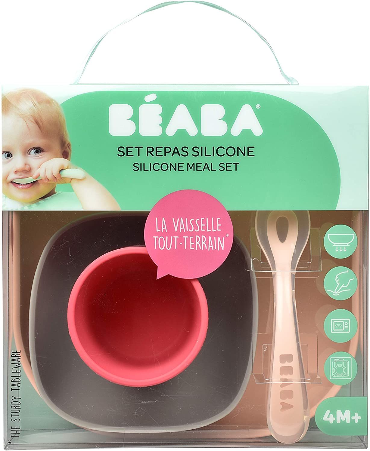 Béaba - Set de Comida de Silicona con Fuerte Succión - 4 Piezas - Rosa