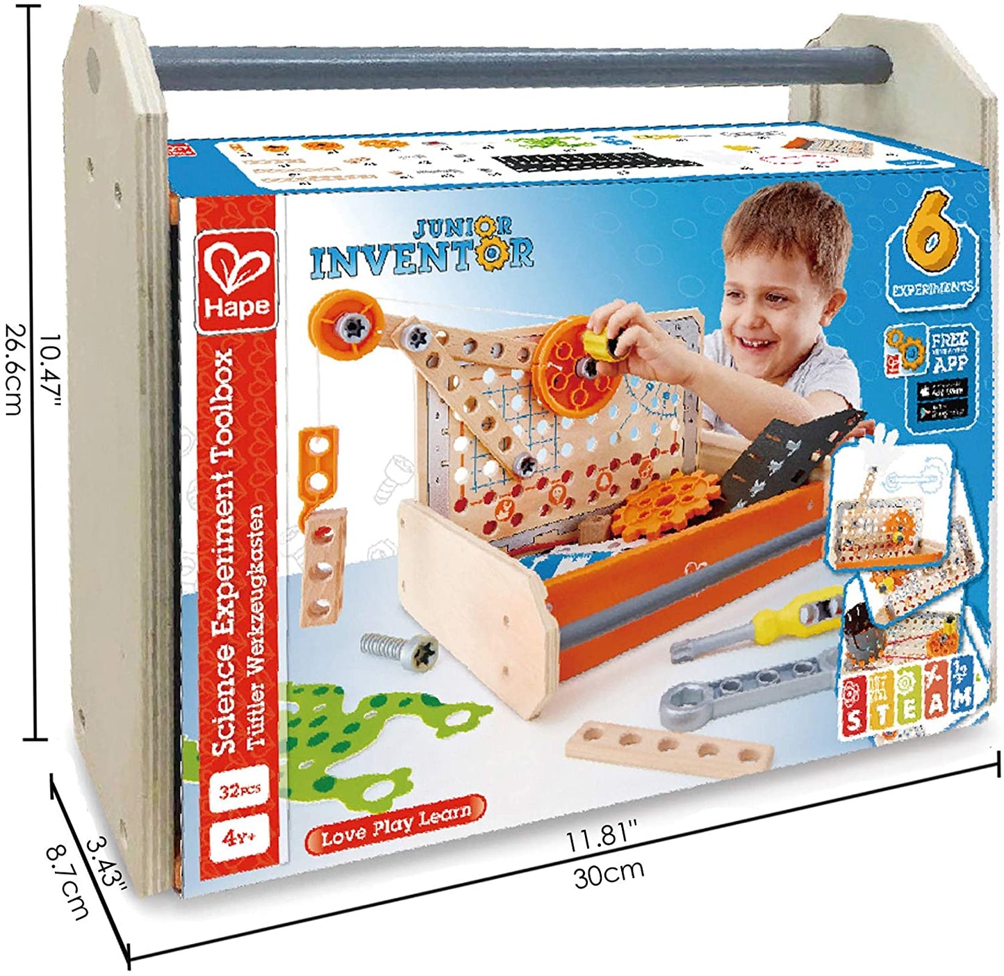 Hape - Caja de herramientas para experimentos científicos de Junior Inventor, portátil de madera - 7 experimentos