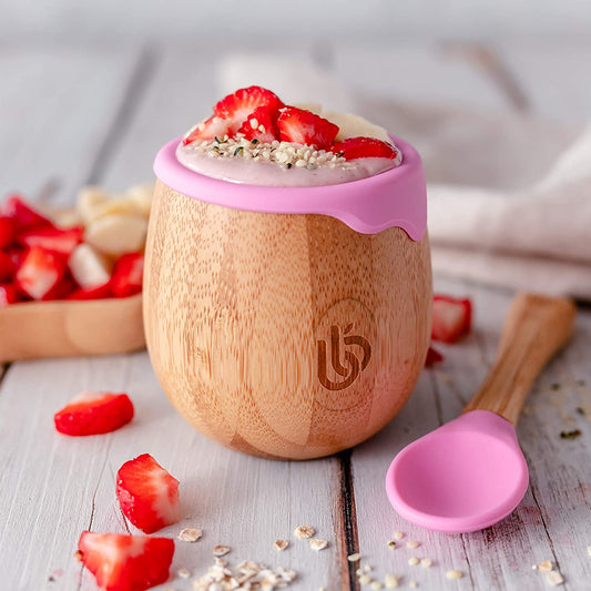 Bamboo Vaso Infantil de Bambú para Niños - Vaso de Bambú para Bebé de 150ml con Forro de Silicona | Taza de transición con sorbete | Taza de merienda | Ideal para el destete dirigido por el bebé | Promueve la bebida y las habilidades motoras orales (Rosa)