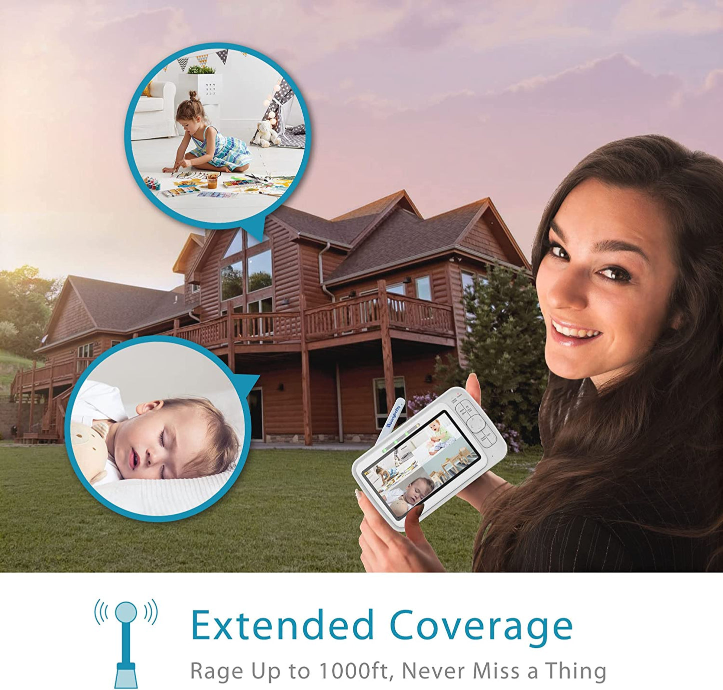 Monitor de bebê Moonybaby QuadView 60 com câmeras remotas Pan Tilt