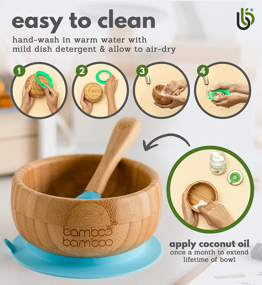 de bambú con ventosa para bebé - Juego de cuchara y cuenco de bambú con ventosa de silicona extraíble para niños | 350ml | No tóxico | Fresco al tacto | Ideal para el destete dirigido por el bebé