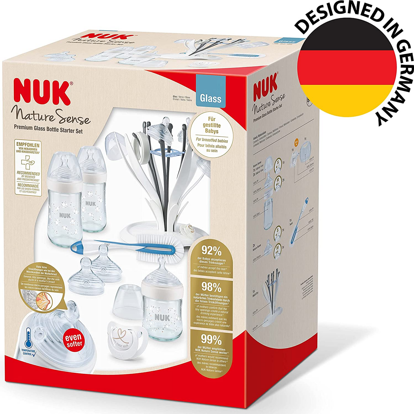 NUK de garrafas de vidro Nature Sense Conjunto | 0-6 Meses | 3 Biberões | 2 Tetinas | Escova para garrafas | Prateleira de Secagem | Boneco Gênio | Branco | 8 peças