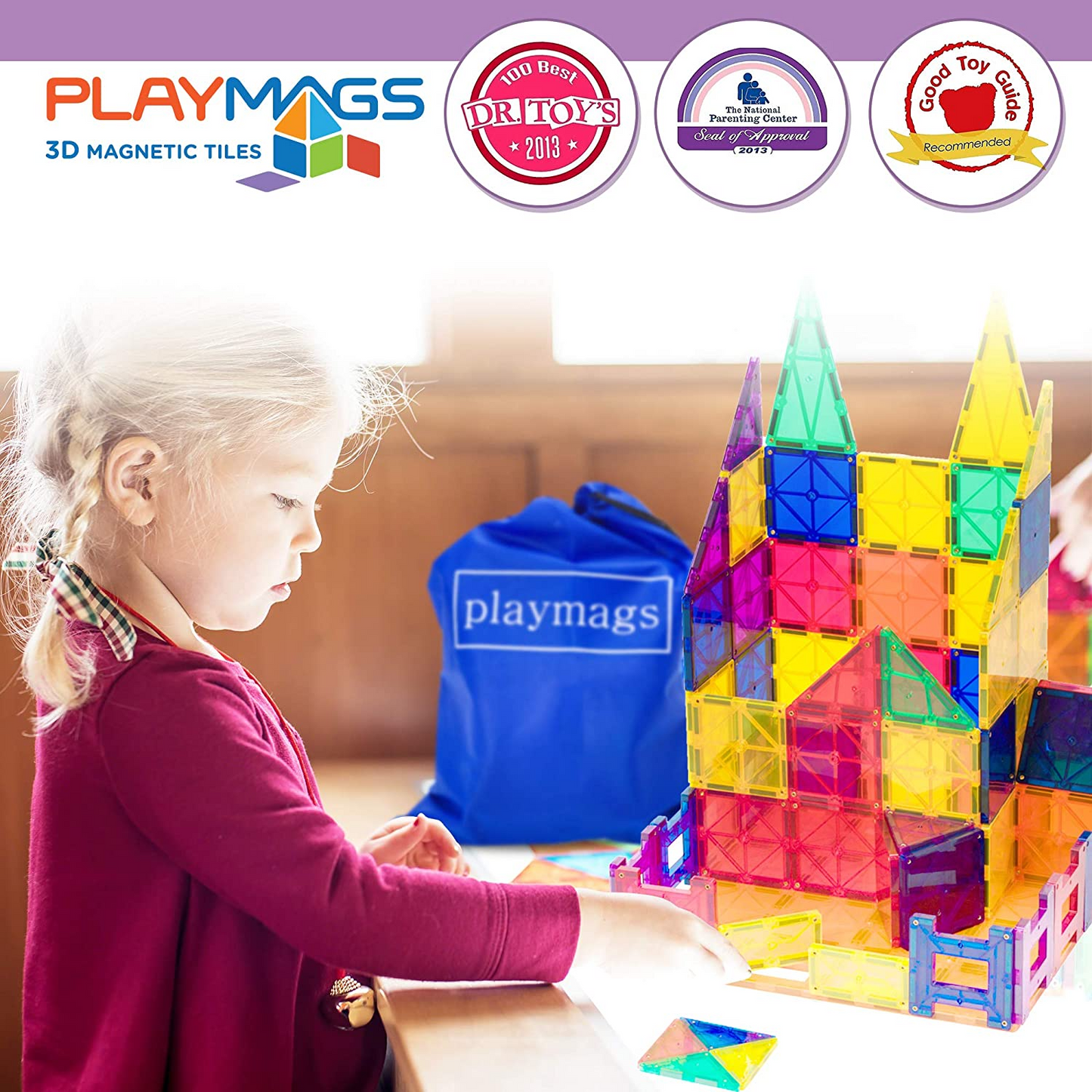 Playmags Juego de 100 bloques magnéticos 3D para niños - Aprende formas, colores y alfabetos - Juguetes con imanes más fuertes STEM - Bloques de construcción magnéticos - Azulejos magnéticos coloridos y duraderos para niños y libro de ideas