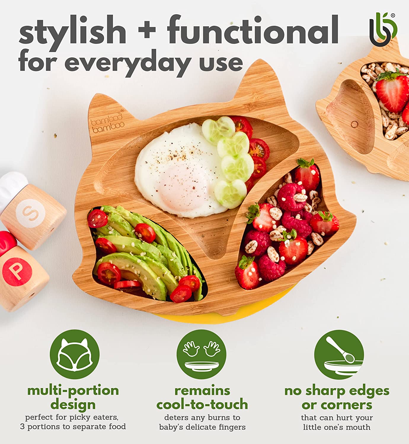 bamboo bamboo Placa de Bambu para Bebês – Crianças e Crianças com Ventosa para Bebês | Não Tóxico | Legal ao toque | Ideal para Baby-Led Weaning (Fox, Verde)