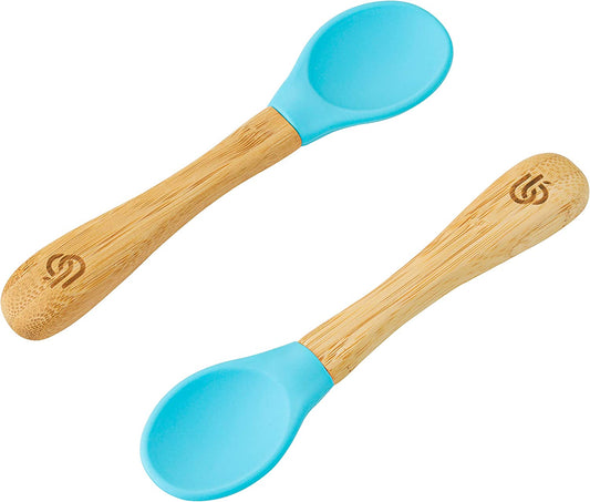Cucharas de destete para bebés de bambú de bambú - Cucharas de bambú con puntas de silicona curvadas suaves para niños y bebés | Puntas de silicona extraíbles | Utensilios ideales para el destete del bebé (juego de 2, Azul)