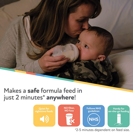 Nuby Fabricante de mamadeira portátil RapidCool, prepare uma alimentação de fórmula em apenas 2 minutos, ideal para mamadeiras de viagem e mamadas noturnas. Inclui dispensador de leite em pó e tampa digital. Nenhum filtro necessário.