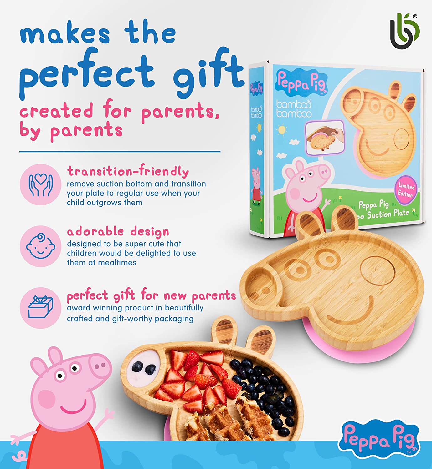 Peppa Pig Baby Plate– Crianças e Toddler Ventosa Placa de Bambu para Bebês | Não Tóxico | Legal ao toque | Ideal para Baby-Led Weaning