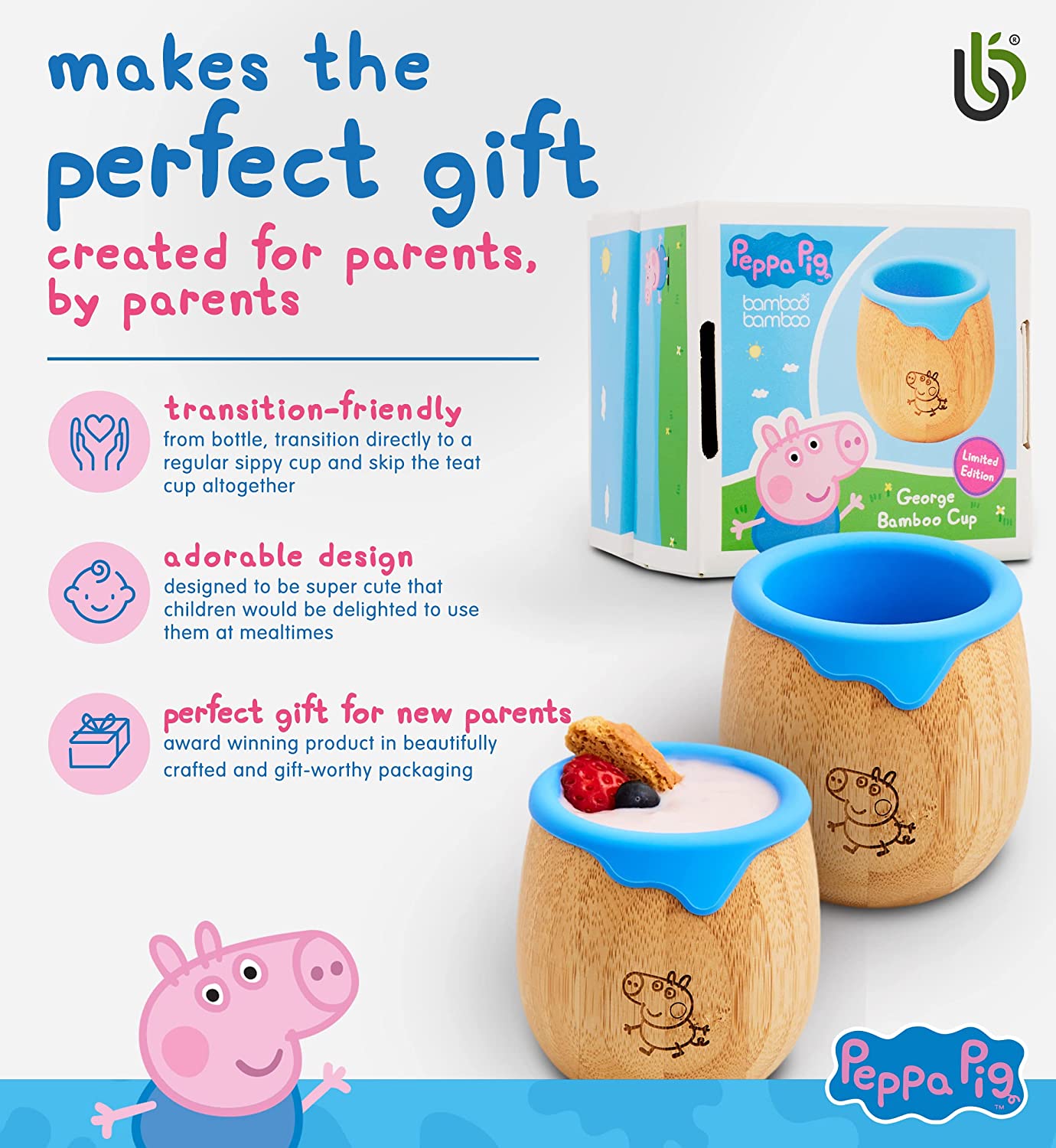 Taza Infantil Peppa Pig Infant - Taza de Bambú para Bebé de 150ml con Forro de Silicona | Taza de transición con sorbete | Taza de merienda | Ideal para el destete dirigido por el bebé | Promueve la bebida y la motricidad oral (George Cup)