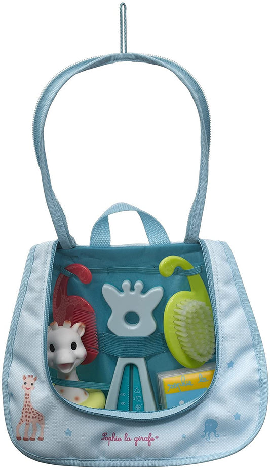 Kit primer baño Sophie Giraffe: termómetro, cepillo, peine y juguetes para bebé