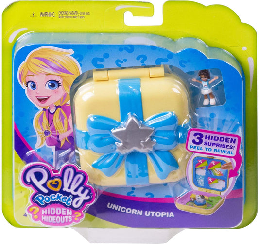 Polly Pocket GDK78 Esconderijos Ocultos Unicórnio Utopia com 3 revelações surpresa, 3 acessórios, 1 boneca Micro Shani e folha de adesivos