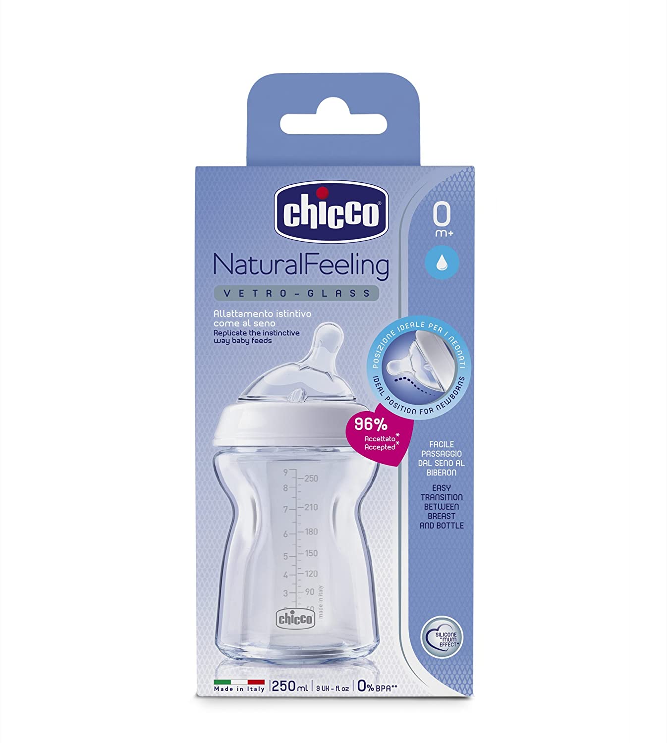 Chicco - Biberón de Vidrio Anticólico Natural Feeling para 0+ meses, 150 ml