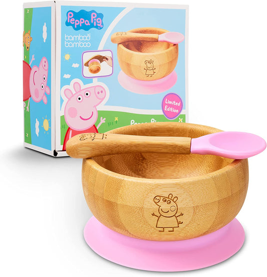 Peppa Pig Baby Suction Bowl - Baby Bamboo con ventosa de silicona extraíble y cuchara para niños Set | 350ml | No tóxico | Fresco al tacto | Ideal para Baby-Led Weaning (Peppa Pig)