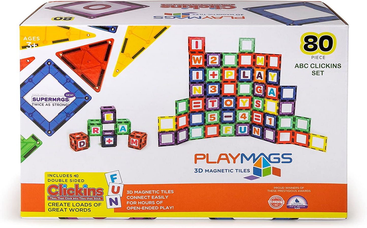 Playmags Conjunto de construção de ladrilhos magnéticos de 80 peças: ladrilhos magnéticos para crianças inclui 40 ímãs mais fortes Janelas de ímã de cor clara e 40 letras e números – estimula a criatividade e o desenvolvimento do cérebro