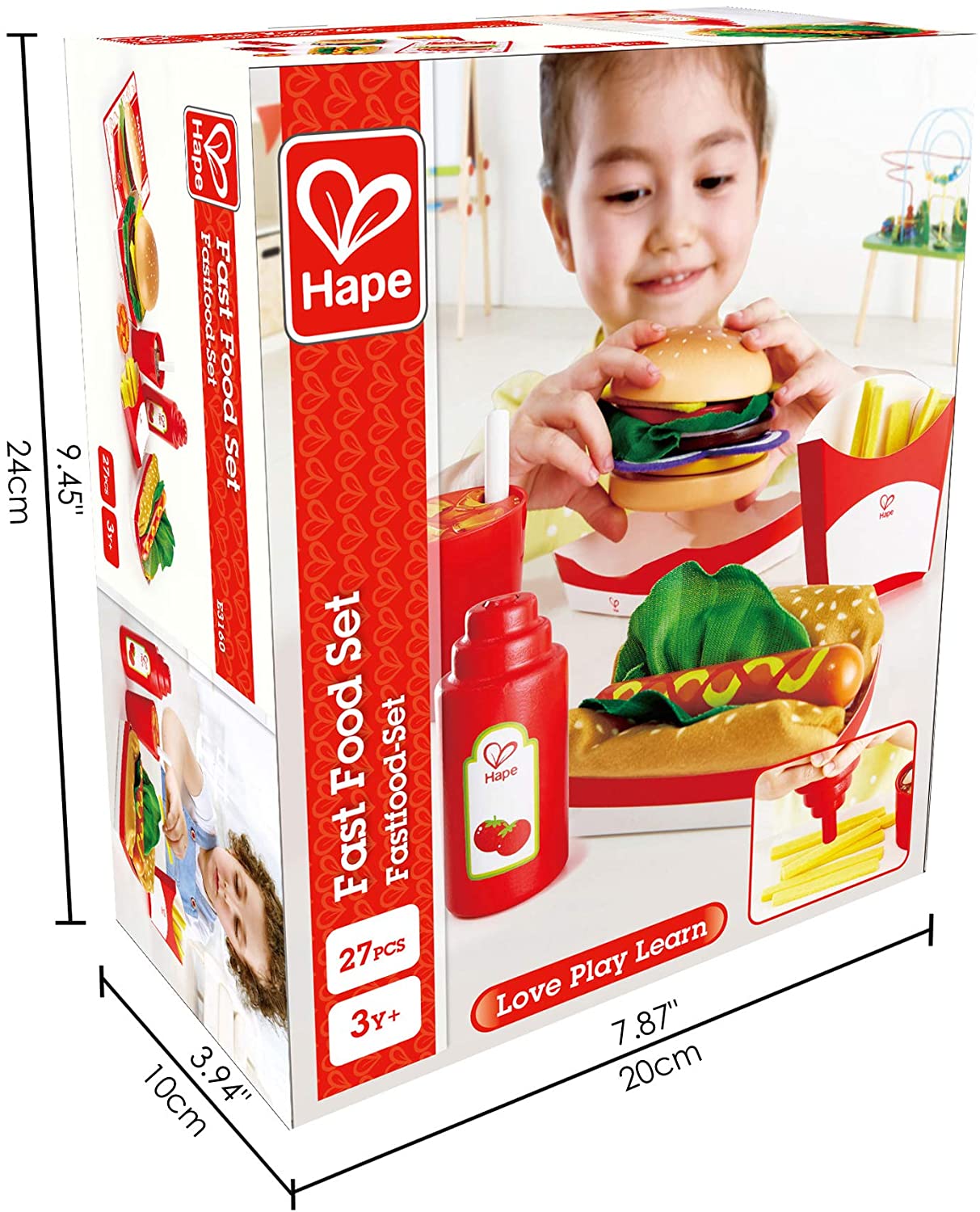 Hape - Conjunto de brinquedos para refeições rápidas quentes de madeira para jantar, refeição americana clássica