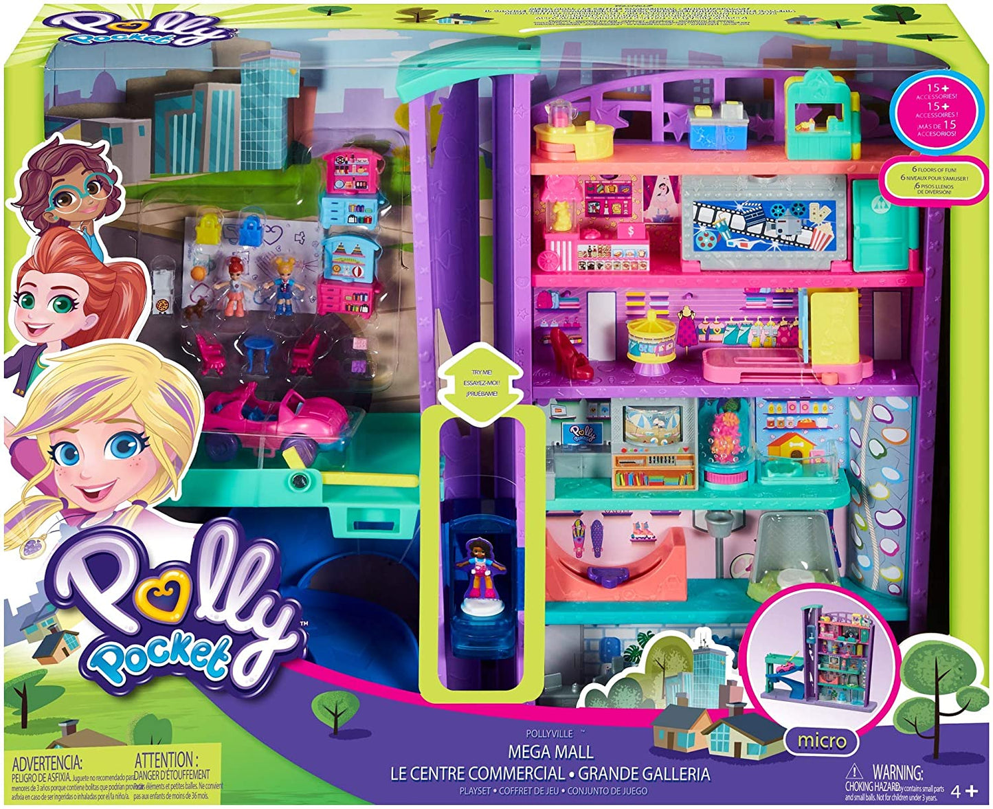 Polly Pocket Mega Centro Comercial com 6 Andares, Veículo, Elevador e Micro Bonecas