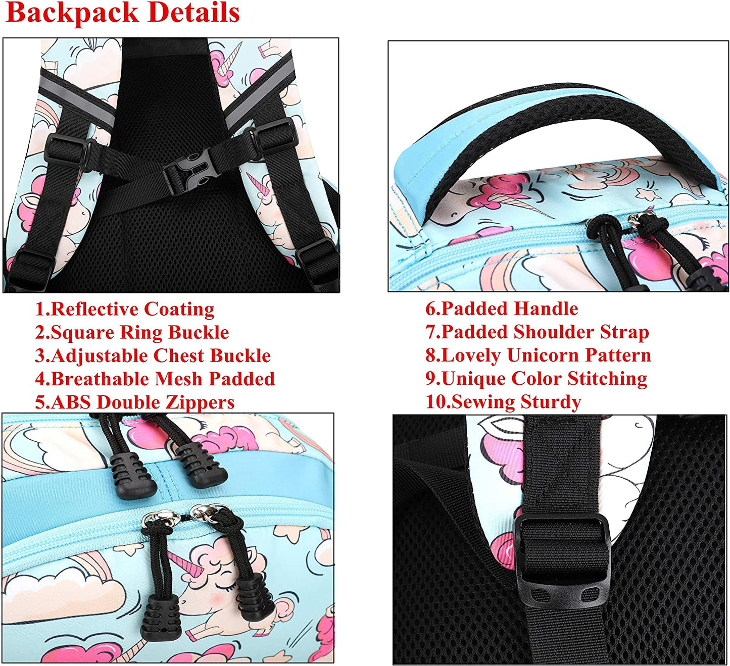 Melsohua - Conjunto de Mochila com Lancheira e Estojo - Unicórnio - Azul