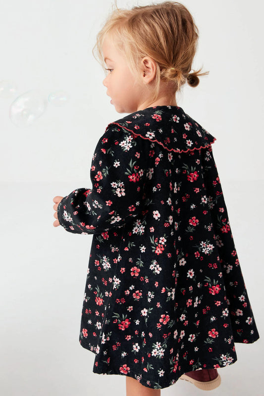 |Niña| Vestido con cuello de cordón fruncido floral - Negro (3 meses-7 años)