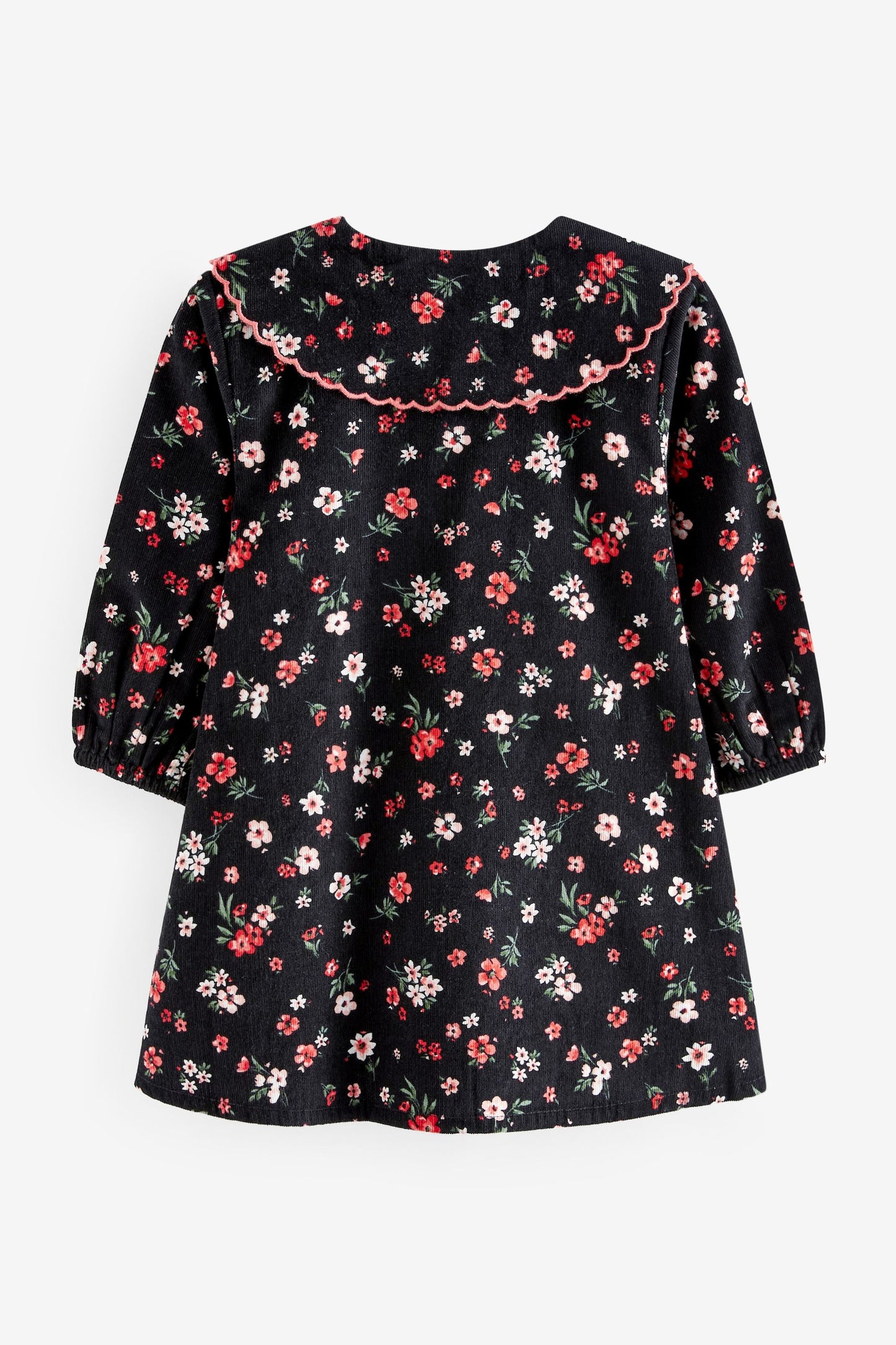 |BabyGirl| Vestido com Gola de Cordão Franzido Floral - Preto (3meses-7anos)