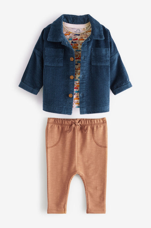 |BabyBoy| Conjunto de Camisa, Camiseta e Calça Jogger de 3 peças / Azul/Marrom - (0meses-2anos)