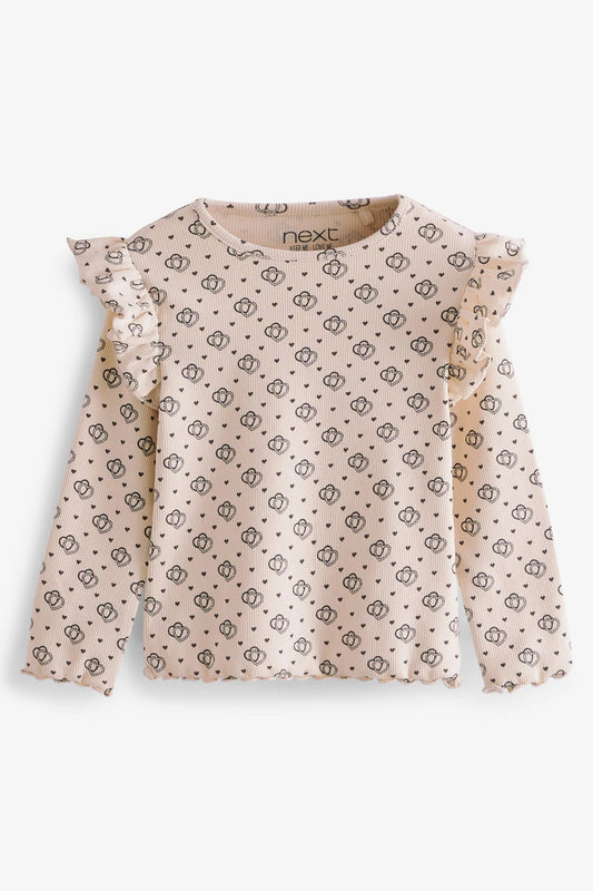 |Niña| Blusa de manga larga con volantes y canalé - Corazón beige (3 meses-7 años)