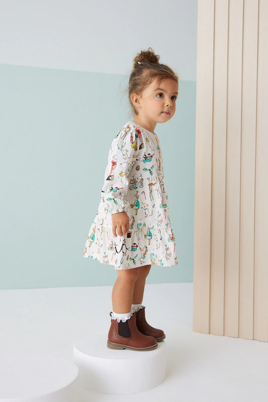 |Niña| Vestido estampado navideño - Crema - (3 meses-7 años)