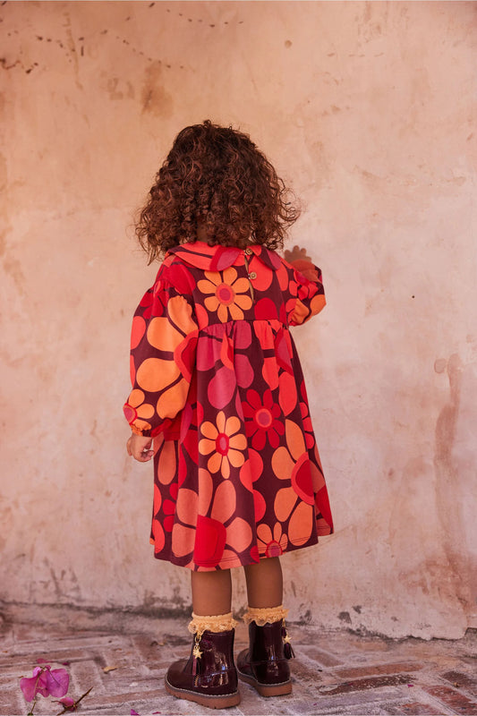 |Niña| Vestido de té con cuello de flores - Naranja/Rojo - (3 meses-7 años)