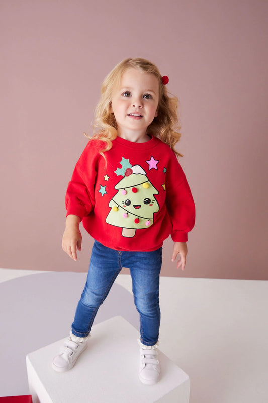 |Niña| Sudadera roja con diseño de árbol de Navidad (3 meses-7 años)