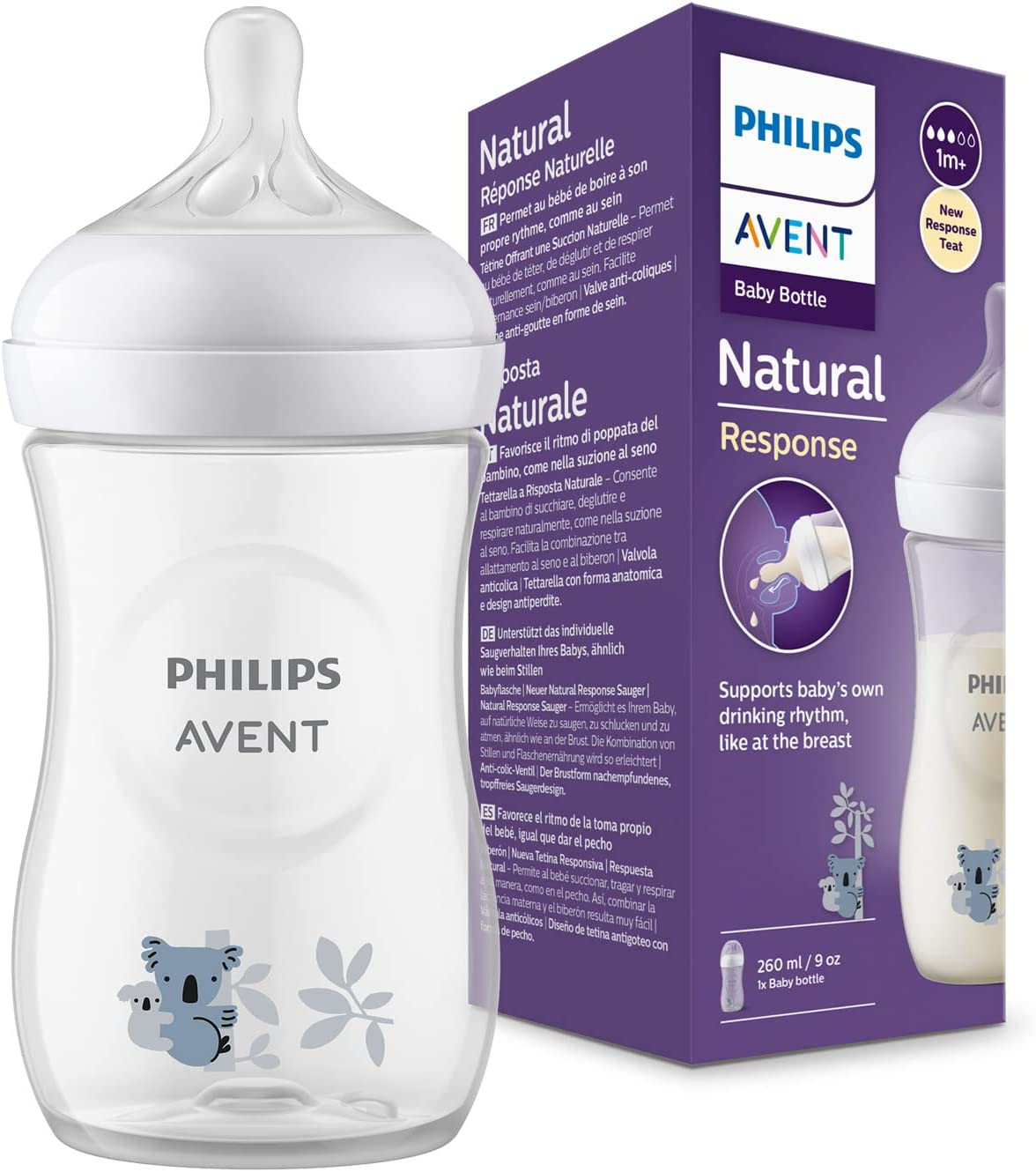 Philips Mamadeira Avent Natural Response - mamadeira de 260 ml para leite com ventilação AirFree, sem BPA para bebês recém-nascidos com mais de 1 mês (modelo SCY673/01)