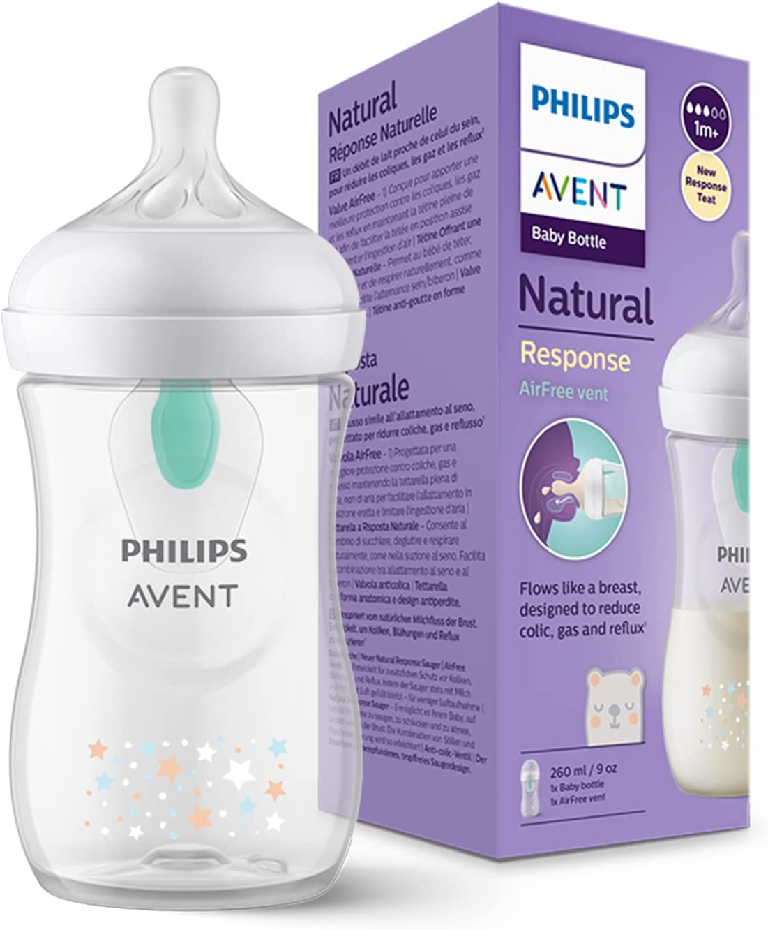 Philips Mamadeira Avent Natural Response - mamadeira de 260 ml para leite com ventilação AirFree, sem BPA para bebês recém-nascidos com mais de 1 mês (modelo SCY673/01)