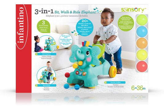 Infantino 3 em 1 senta, anda e monta o elefante Anne Claire Baby Store