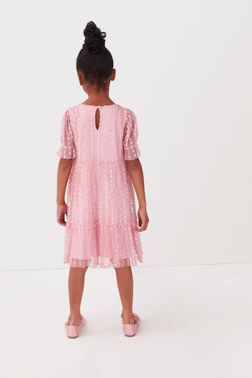 |BigGirl| Vestido Rosa em Camadas de Tule com Brilho - (3-16anos)