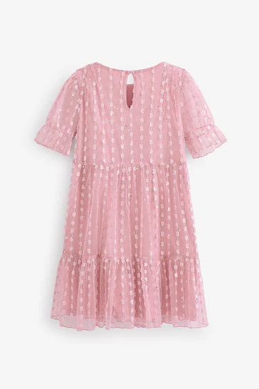 |BigGirl| Vestido Rosa em Camadas de Tule com Brilho - (3-16anos)