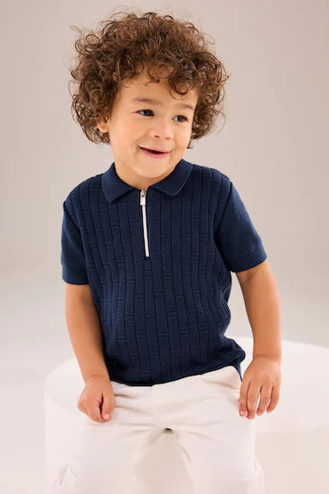 |Boy| Suéter Polo Manga Curta Com Gola Zip - Azul Marinho (3 Meses - 7 Anos)