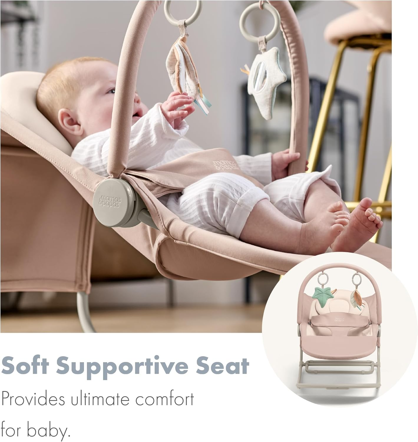 Mamas & Papas Tempo 3 em 1 Rocker/Bouncer, leve, com cinto de 3 pontos e barra de brinquedos magnética facilmente removível, Blush