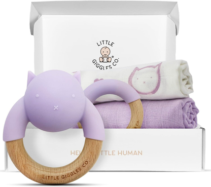 Little Giggles Co.® Conjunto de Brinquedos para Bebé – Inclui chocalho sensorial, anel de dentição calmante e panos grandes de musselina macia 100% algodão. Essenciais para recém-nascidos e ideia perfeita de presente para chá de bebé.