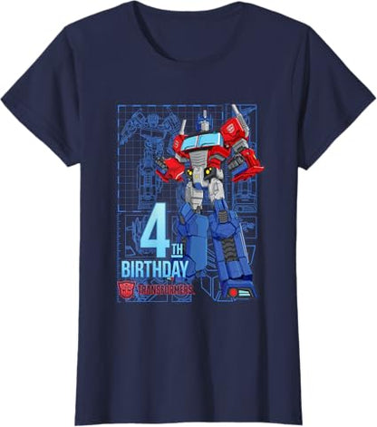 T-Shirt Transformers Optimus Prime para o 4º Aniversário - Menina, Aniversariantes - Preto - Tamanho S - Manga Curta - Modelagem Clássica - Mistura de Algodão e Poliéster - Lavável à Máquina