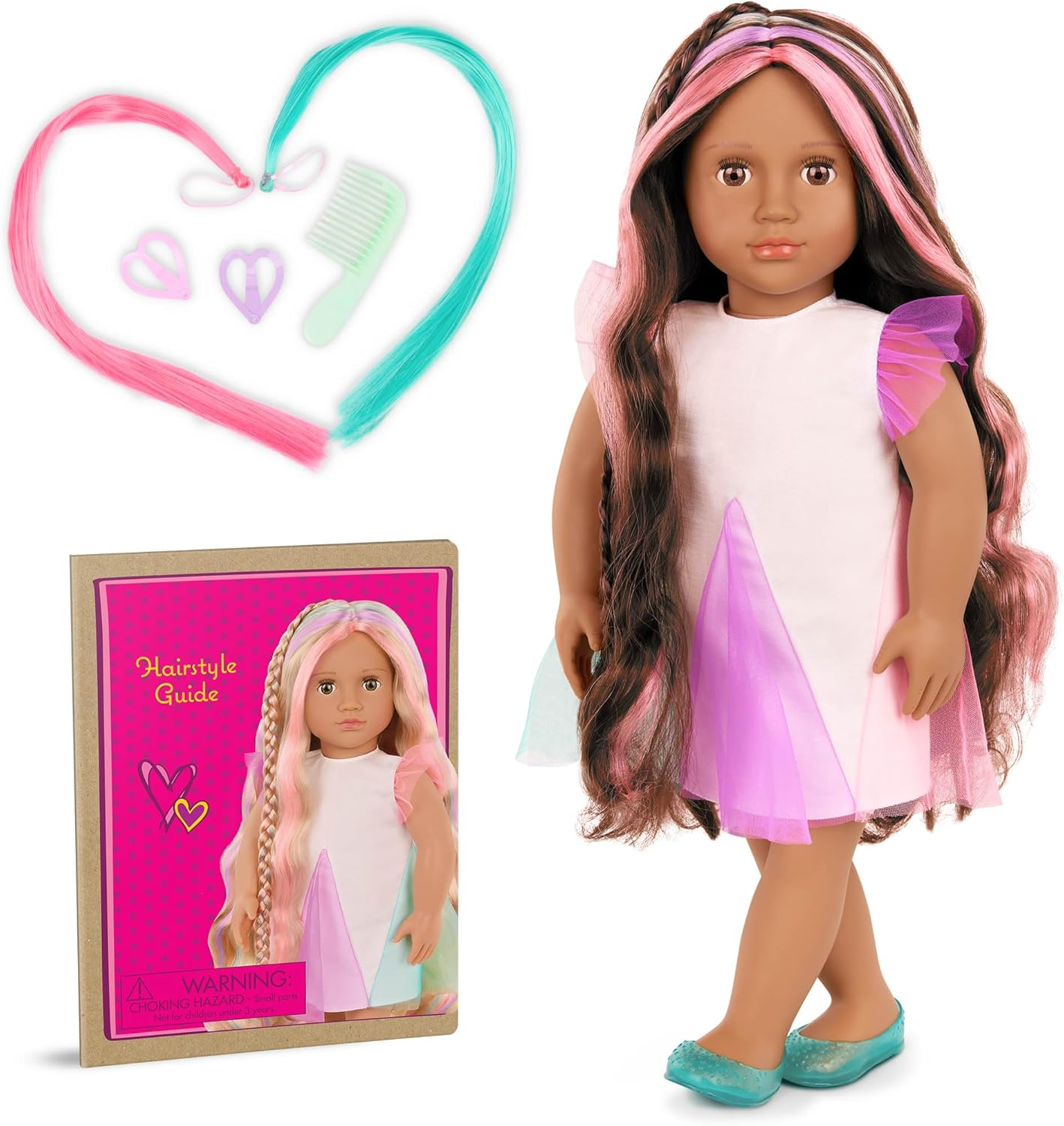 Boneca da moda Phoebe da Our Generation, atividade infantil, boneca de 46 cm com roupa completa e acessórios, incluindo extensões de cabelo e pente, brinquedos de brincadeira para crianças, perfeitos para aventuras de brincadeiras infantis