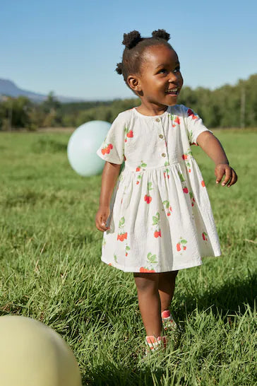 |Girl| Vestido Descontraído De Algodão - Estampa Morango (3 meses a 8 anos)