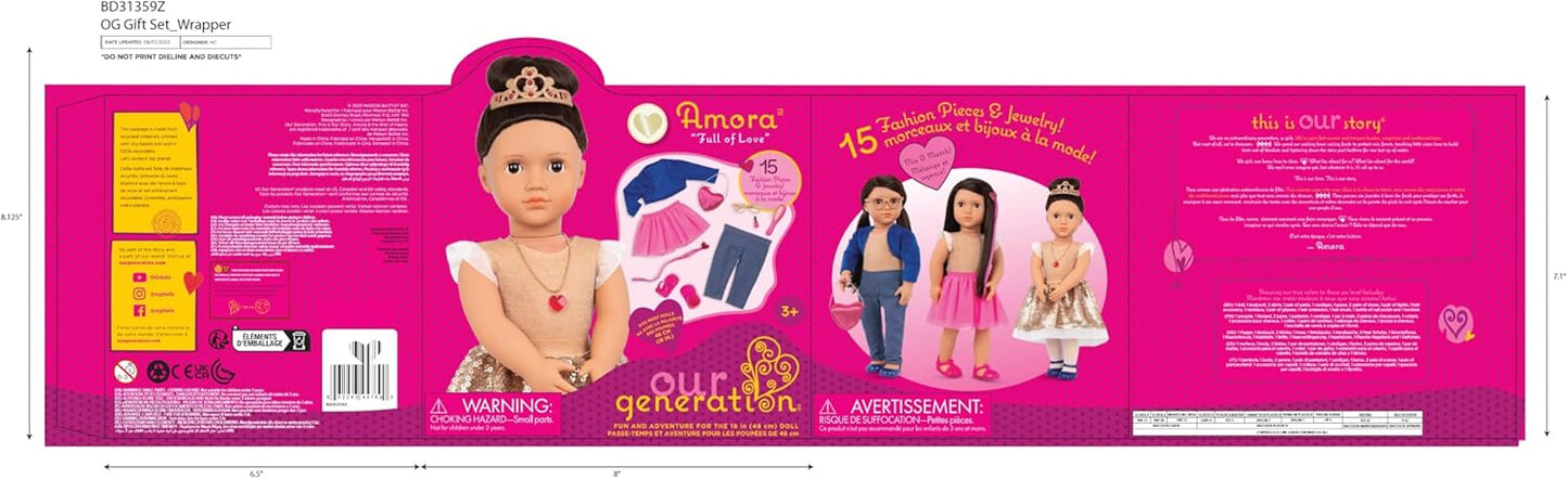 A Nossa Geração – 18 polegadas – Boneca de moda inicial com tema de amor – Amora – Cabelo castanho e olhos castanhos – 3 roupas e acessórios de estilo em caixa de presente – Brincadeira de faz de conta para maiores de 3 anos