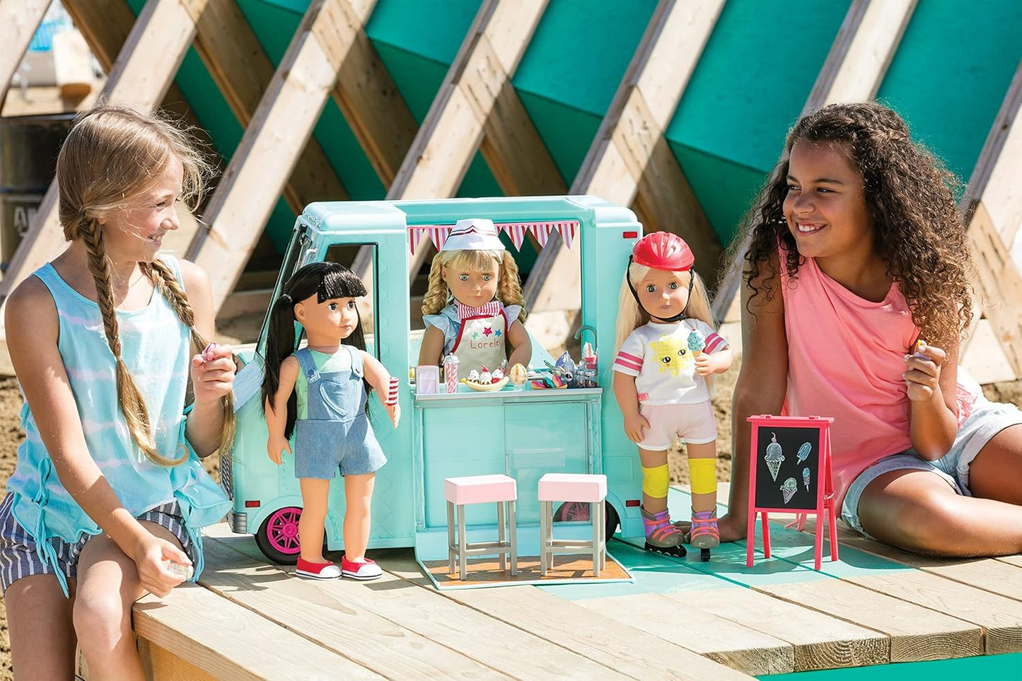 Camião de gelados Sweet Stop da Our Generation – Conjunto de camião de gelados azul para bonecas de 45 cm – Conjunto de veículo e acessórios com 130 peças