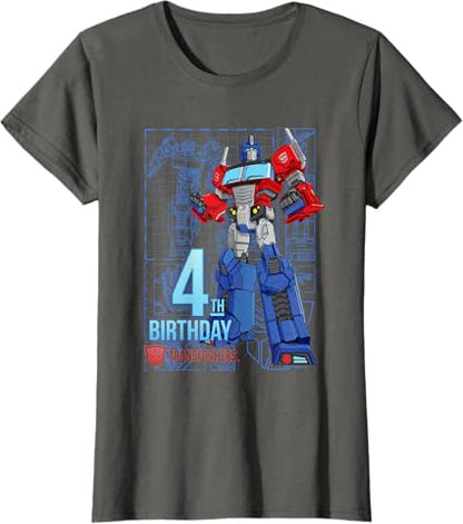 T-Shirt Transformers Optimus Prime para o 4º Aniversário - Menina, Aniversariantes - Preto - Tamanho S - Manga Curta - Modelagem Clássica - Mistura de Algodão e Poliéster - Lavável à Máquina