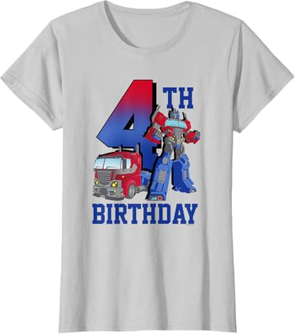 T-shirt com poster comemorativo do 4º aniversário do Optimus Prime de Transformers com efeito degradé