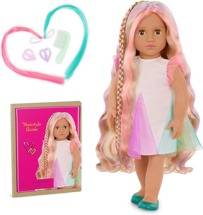 Boneca da moda Phoebe da Our Generation, atividade infantil, boneca de 46 cm com roupa completa e acessórios, incluindo extensões de cabelo e pente, brinquedos de brincadeira para crianças, perfeitos para aventuras de brincadeiras infantis
