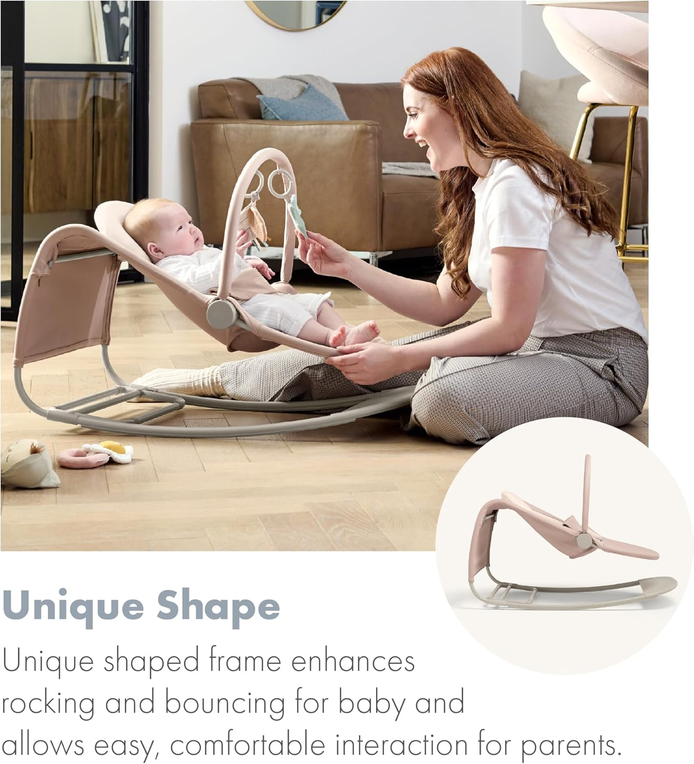 Mamas & Papas Tempo 3 em 1 Rocker/Bouncer, leve, com cinto de 3 pontos e barra de brinquedos magnética facilmente removível, Blush